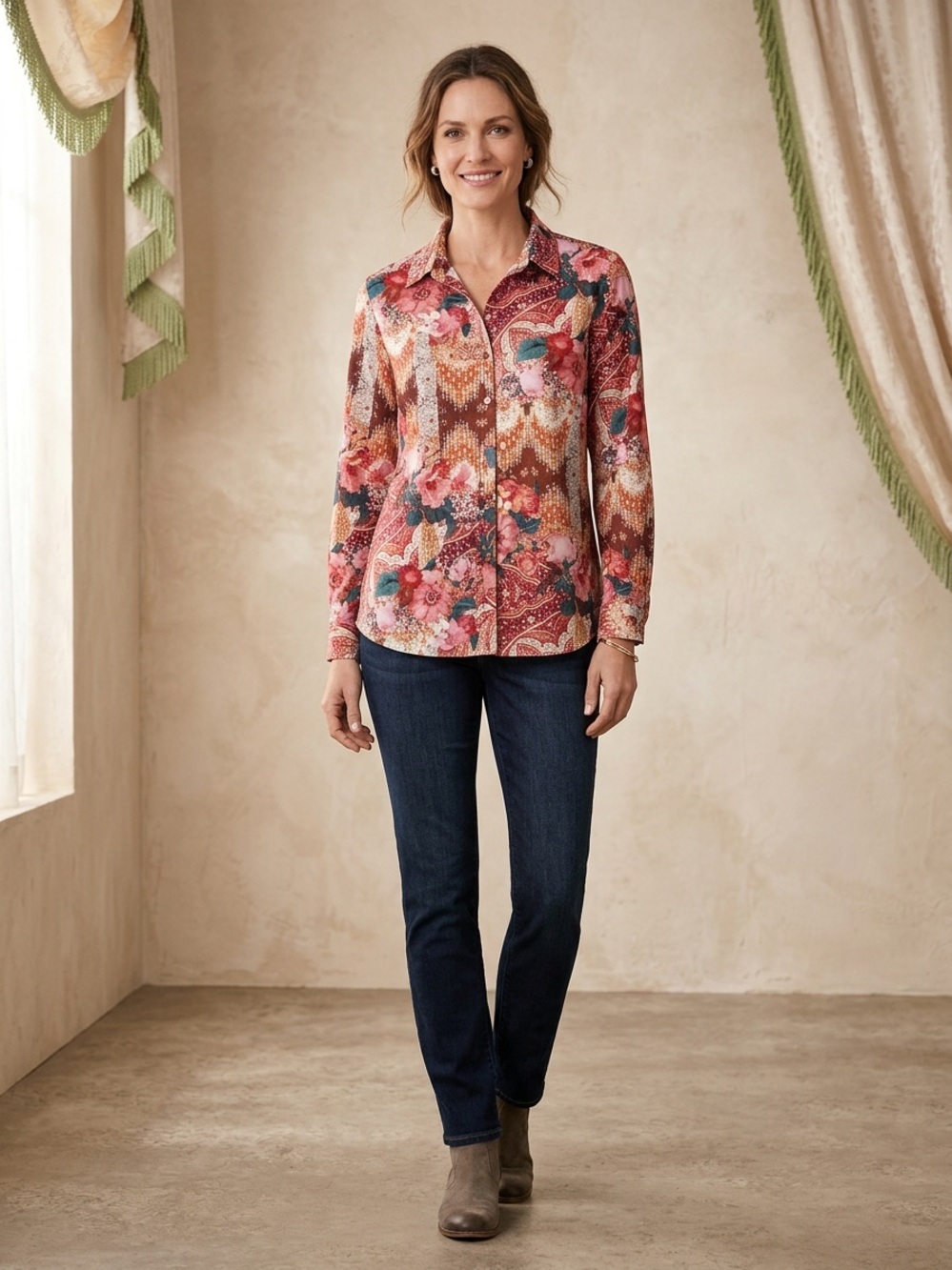 Chico's women's long sleeve floral print cotton button up shirt Sz 2 or Sz 8-10